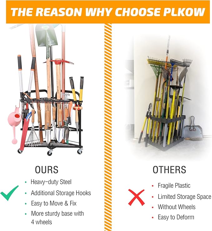 PLKOW Garden Tool Organizer with Wheels and Storage Hooks, Rolling Corner Tool Storage Rack for Garden, Shed, Garage, Powder Coated Steel, Black-VerdiqueGarden