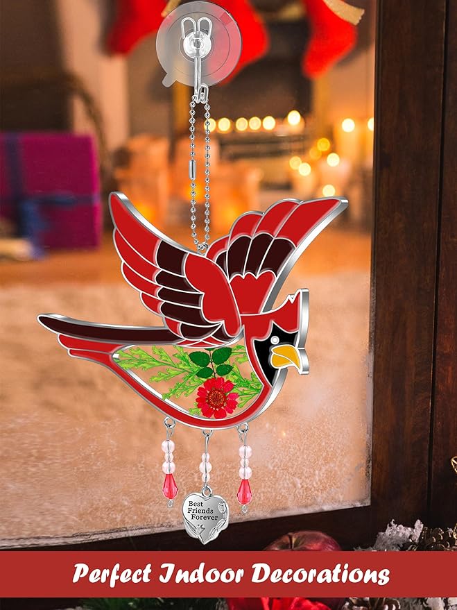KY&BOSAM Best Friend Forever Cardinal Suncatcher Gifts for Friend Hand-Painted Garden Ornament Hanging Wind Chime with Pressed Flower Cardinal Embedded in Glass Mother`s Day Birthday Christmas-VerdiqueGarden
