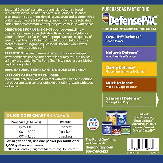 The Pond Guy Seasonal Defense, Spring & Fall Beneficial Bacteria, Barley & Enzymes, Cold Water Pond Sludge & Scum Treatment, Fish & Plant Safe, 24 Packets-VerdiqueGarden