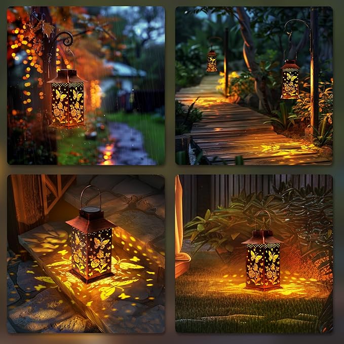 Homemory Butterfly Solar Lanterns Waterproof, Metal Hanging Hollowed-Out Metal Decor Lantern, LED Outdoor Decoration for Outside LED Lanternse for Yard, Backyard, Porch, Lawn-VerdiqueGarden