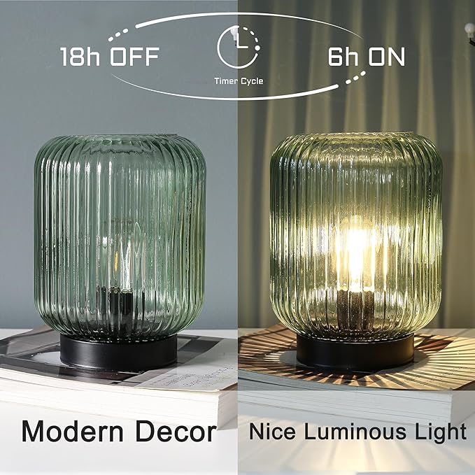 Battery Operated Lamp, Cordless Table Lamps for Home Decor, Battery Powered Nightlight with LED Bulb, Decorative Glass Beside Lamp for Bedroom Living Room-Green-VerdiqueGarden