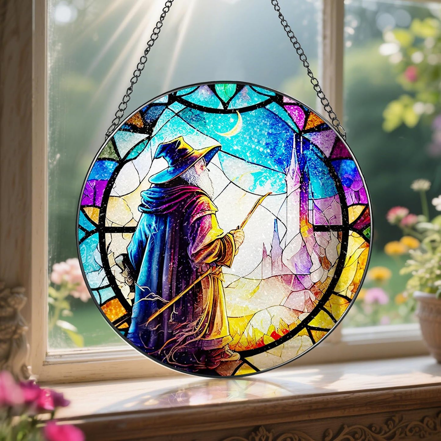 Stained Glass Window Hanging, LAOWEIKI 8'' Witch Suncatcher, Stained Glass Ornament, Suncatchers for Windows Hanging, Window Decor, Outdoor or Indoor, Gifts for Friends-VerdiqueGarden