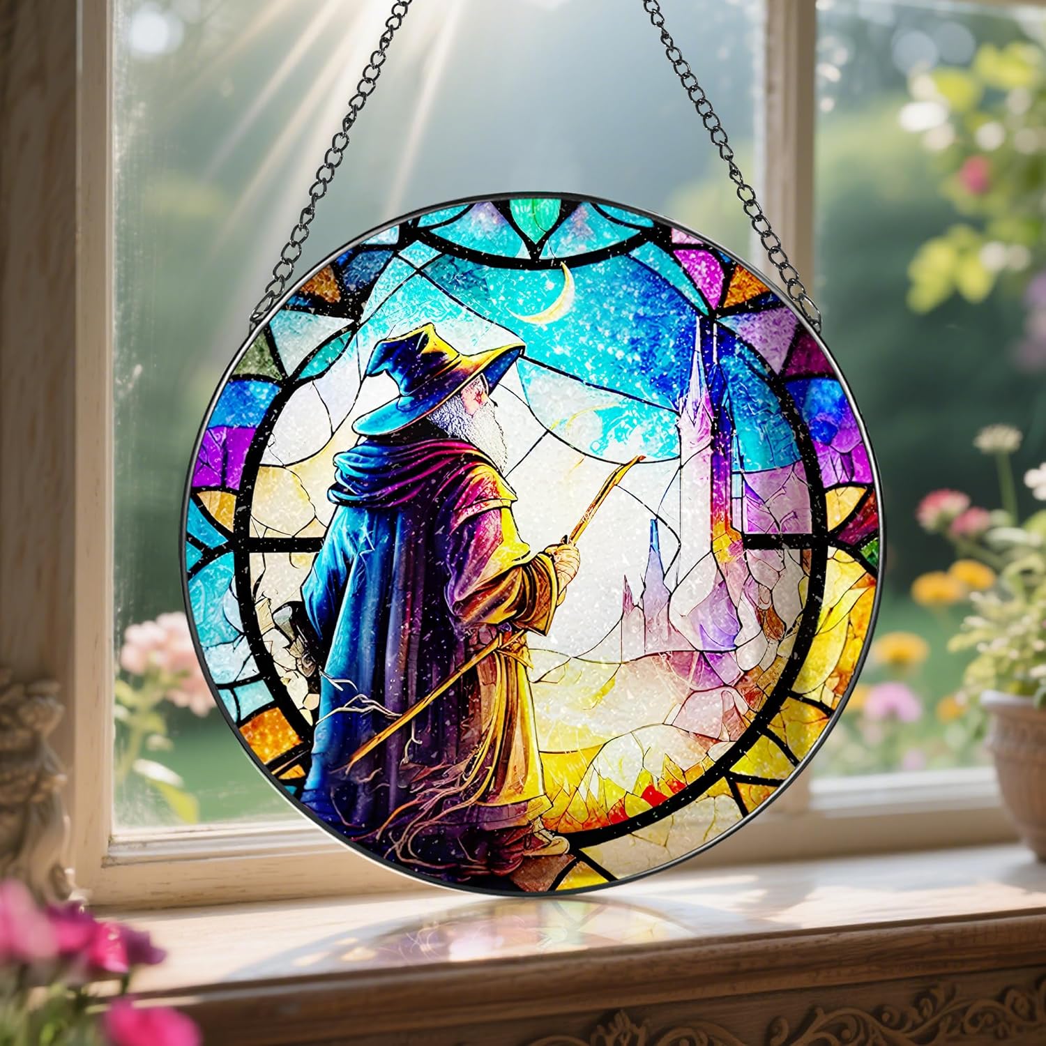 Stained Glass Window Hanging, LAOWEIKI 8'' Witch Suncatcher, Stained Glass Ornament, Suncatchers for Windows Hanging, Window Decor, Outdoor or Indoor, Gifts for Friends-VerdiqueGarden