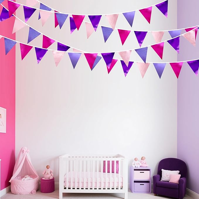 Pink and Purple Party Decorations Metallic Hot Pink Lavender Fabric Triangle Pennant Banner Flag Bunting Garland for Girls Women Birthday Wedding Baby Shower Bachelorette Engagement Party Supplies-VerdiqueGarden