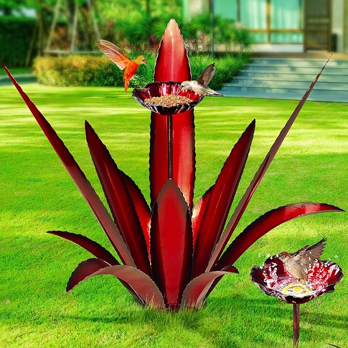 Upgraded Large Metal Yard Art, Metal Agave Plant Yard Decorations Outdoor Sculpture, Metal Flowers for Outside, Waterproof Outdoor Garden Decor (Red + Bird Feeder)-VerdiqueGarden