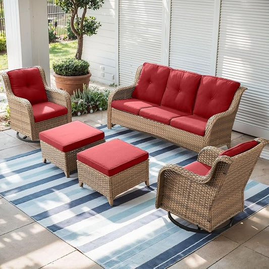 Outdoor Wicker Patio Furniture Set - 5 Piece Rattan Patio Conversation Set with 2 Rocking Swivel Chairs,2 Ottomans and 1 Sofa for Porch Deck Backyard Garden(Yellow/Red)-VerdiqueGarden