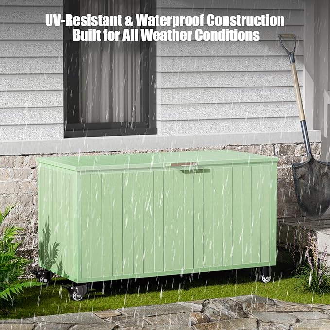 135 Gallon Outdoor Storage Box with Swivel Wheels, Waterproof Aluminum & Polylumber Deck Box, Patio Storage Box with Lid for Patio Furniture, Garden Tools, Outdoor Cushion-VerdiqueGarden