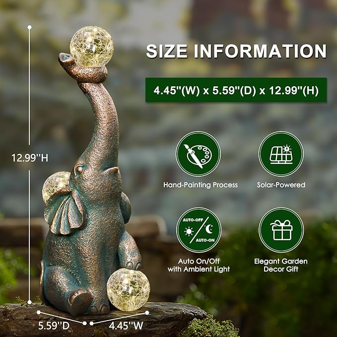 MININOVA Garden Decor Outdoor Statues Elephant with Cracked Glass Balls, Cute Solar Figurine for Patio, Lawn, Yard Art Ornament Decorations (15 LED Lights)-VerdiqueGarden