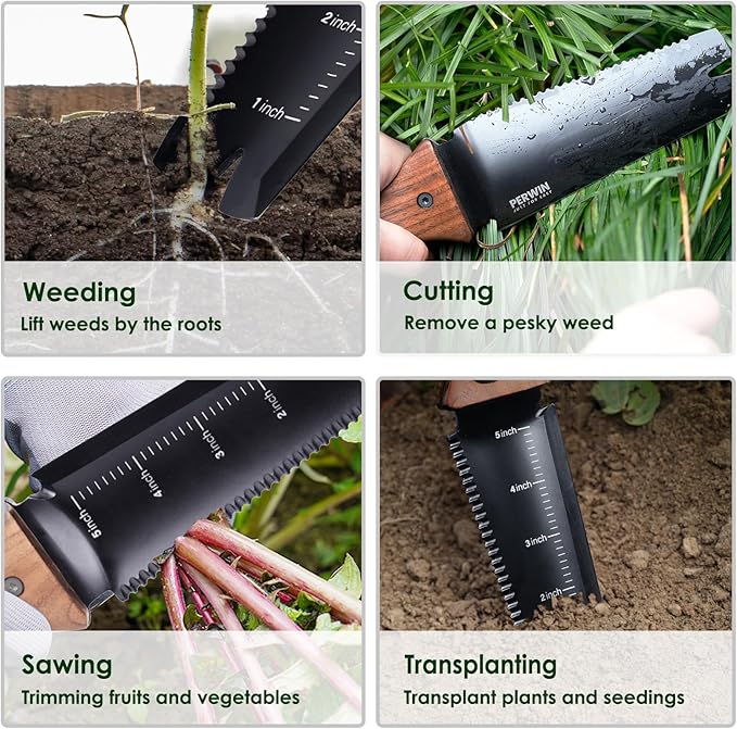 Hori Hori Garden Knife, Garden Tools with Sheath, 6" Stainless Steel Blade with Cutting Edge, Full-Tang Walnut Ergonomic Wood Handle with Hanging Hole, Weeding, Planting, Digging…-VerdiqueGarden