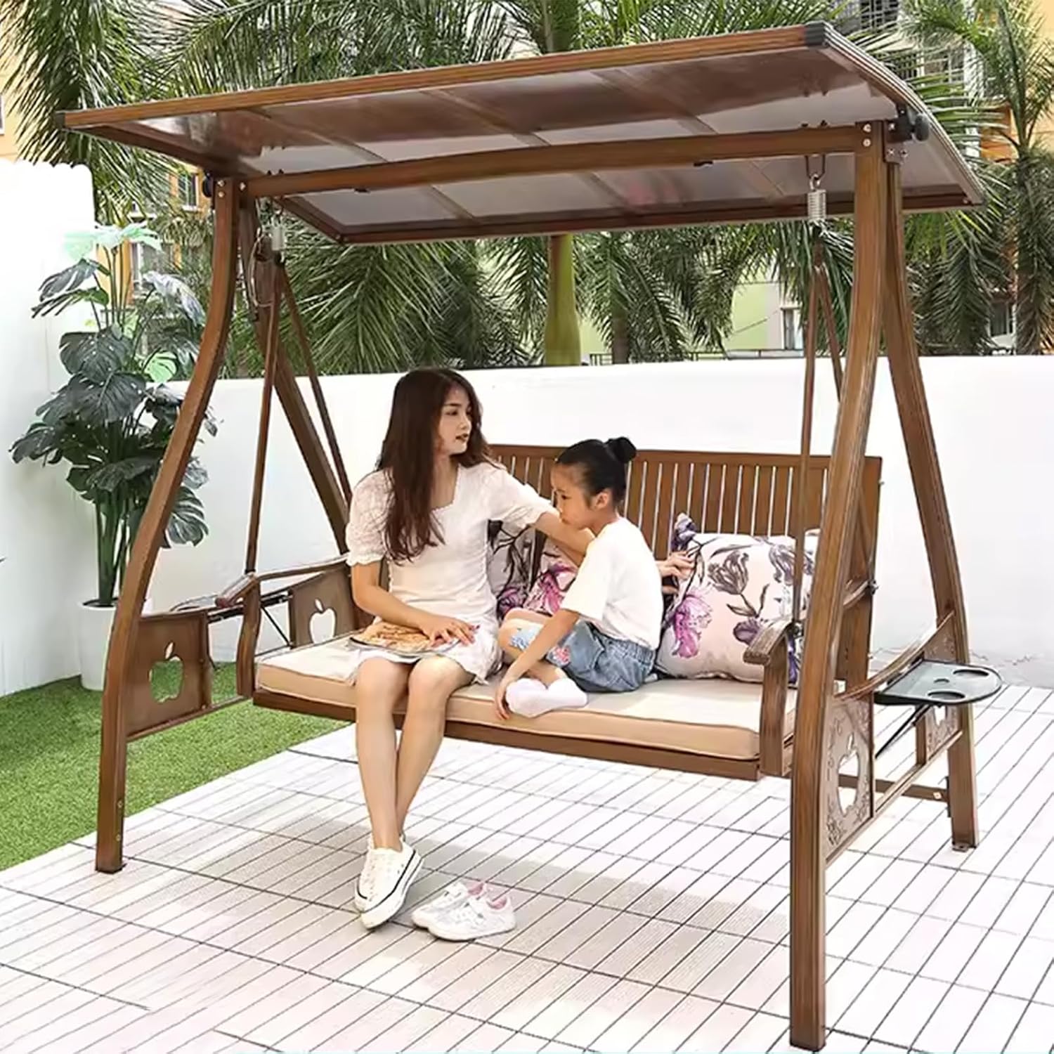 2/3-Seat Outdoor Patio Porch Swing with Adjustable Aluminum Alloy Canopy Solar Patio Swing Chair Bench with Footrest Side Cup Holder for Backyard Lawn (Elite Wood Grain-3 Seat)-VerdiqueGarden