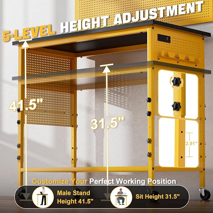 47" Heavy Duty Adjustable Workbench with Power Outlets, Pegboard & Locking Wheels - 2100LB Capacity Garage Work Table, Compatible with DeWalt Battery, Reinforced Steel Frame for Workshop & Home Use-VerdiqueGarden