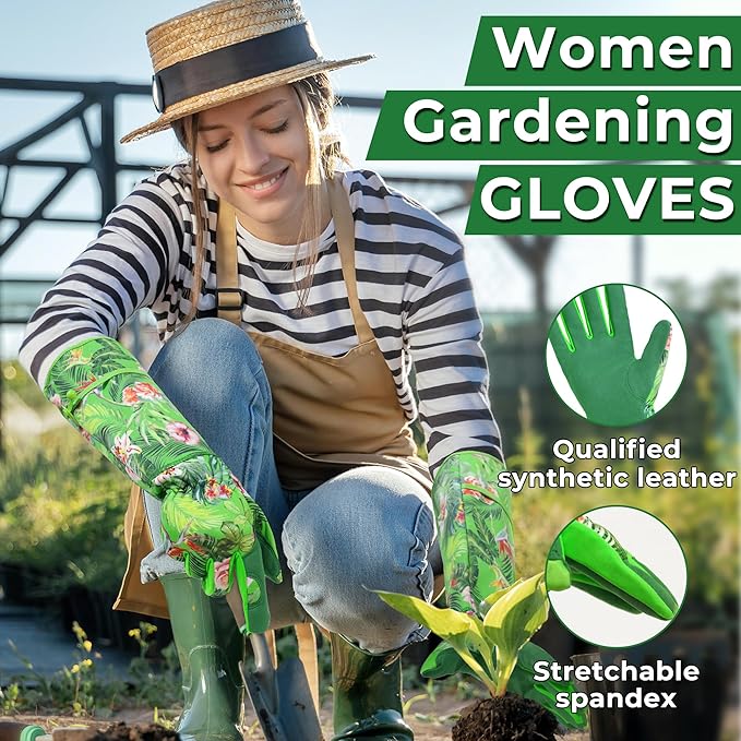 HANDLANDY Women Gardening Gloves, Thorn Proof Breathable Ladies Rose Pruning Long Gauntlet Floral Print Garden Yard Gloves, Gift for Gardeners (Green, L)-VerdiqueGarden