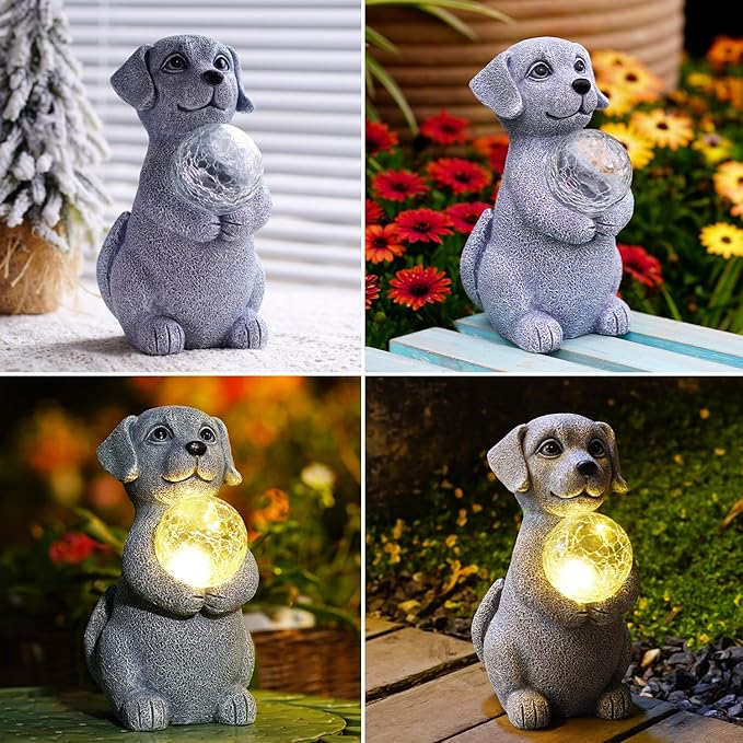 Solar Dog Garden Statues - 8.4 "Dog Decor with Gazing Ball Solar LED Lights, Unique Gifts for Mom Grandma Birthdays, Outdoor Decor for Outside Lawn Porch Patio (Gray)-VerdiqueGarden