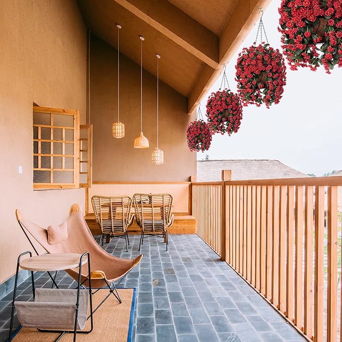 Hanging Baskets Artificial Flowers for Outdoor Interior Decor, Artificial Daisies Flowers Shrubs Plants with Baskets for Home Porch Garden Patio Patio Spring Summer Decor(Red)-VerdiqueGarden