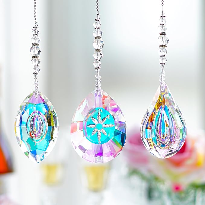 HDCRYSTALGIFTS Pack of 3 Crystal Suncatchers,AB Colored Sun Catchers with Crystals for Window Hanging Rainbow Maker Prisms Suncatchers Indoor Outdoor Decorations Ornaments-VerdiqueGarden