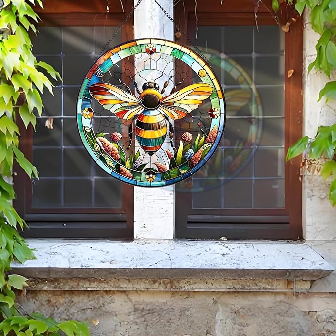 RIVEENY Bumblebee Stained Glass Window Hangings,8''Bee Suncatcher Stained Glass Window Panel Gift for Christmas Anniversary Birthday Mother's Day-VerdiqueGarden