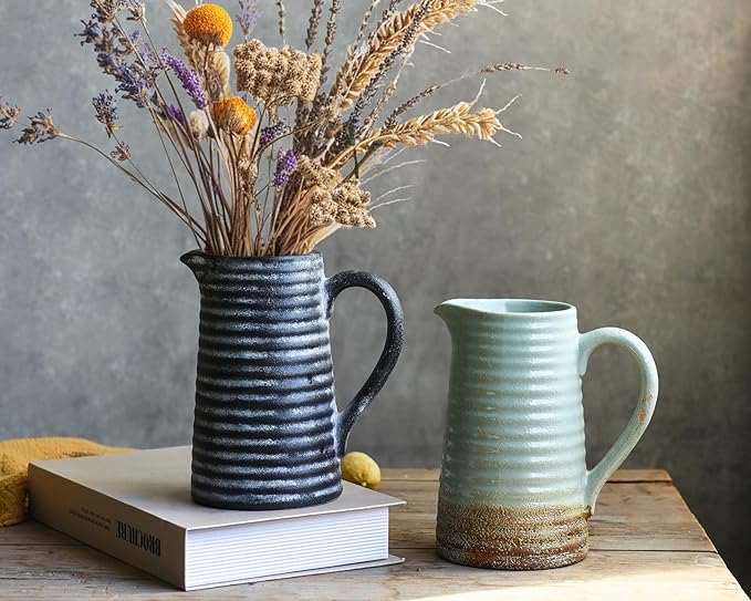 Quoowiit Ceramic Rustic Vase with Handle, Black Distressed Decorative Farmhouse Pitcher Vase for Home Decor Living Room Bedroom Kitchen Office Shelf Decor Centerpiece Table Decoration-VerdiqueGarden