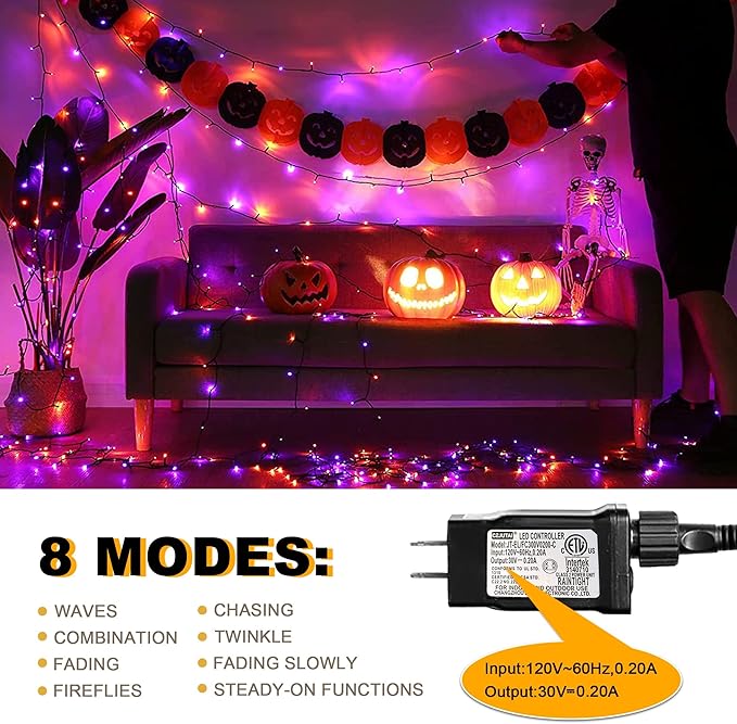 weillsnow 164FT 500 LED Halloween Lights, 8 Modes Waterproof Plug in String Lights for Halloween Indoor Outdoor Yard Party Wedding Garden Home Decorations (Purple & Orange)-VerdiqueGarden