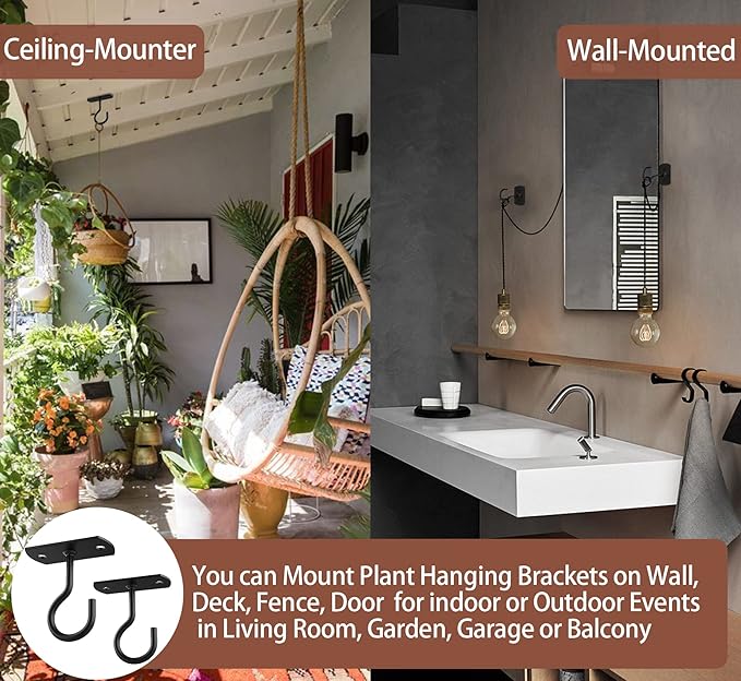 Ceiling Hooks for Hanging Plants 2Pack 2.5in,Wall Mount Hangers Plant Hooks,Wall Hooks for Plants,Lights,Planters,Lanterns,Hanging Bird Feeders,Wind Chimes,indoor&Outdoor Decoration Hooks Black-VerdiqueGarden