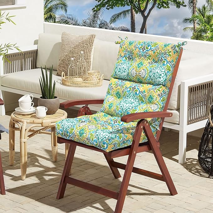 LVTXIII Outdoor Seat/Back Chair Cushion Patio Tufted High Back Cushion, Seasonal Replacement Rocking Chair Cushion with Ties (22” W x 20D”, Set of 2, Damask Green)-VerdiqueGarden