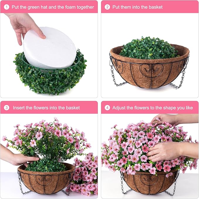 Artificial Fake Hanging Plants Flowers with Basket Outdoor Spring Decor, Faux Silk Pink Daisy in Pot Planter Realistic UV Resistant for Porch Home Indoor Patio Balcony Garden Yard-VerdiqueGarden