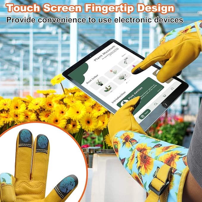 DLY Gardening Gloves for Women, Rose Gloves Gardening Thorn Proof, Long Garden Gloves for Women, Breathable Cowhide Leather Gauntlet (Small, Blue-VerdiqueGarden