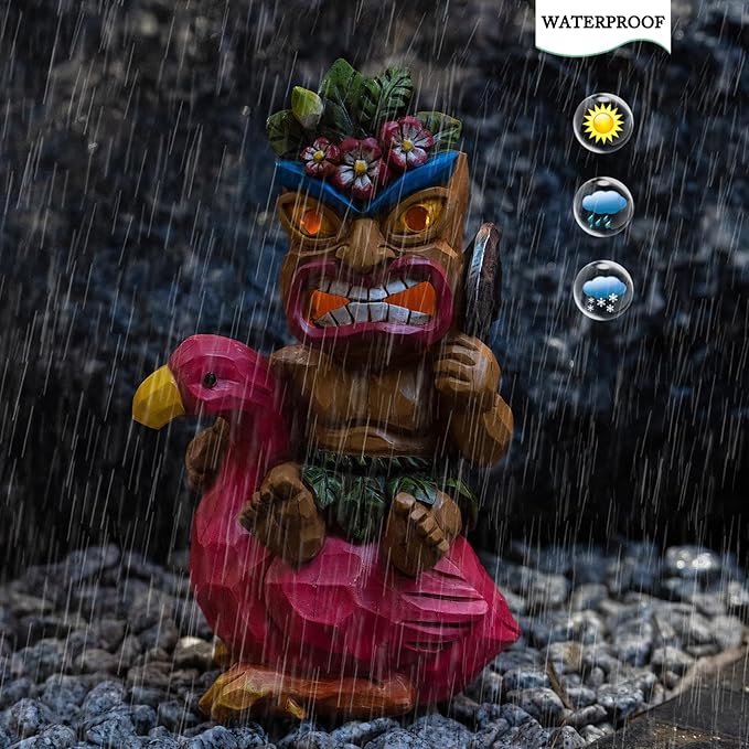 Solar Tiki Statue Flamingos Decor - Tiki Decorations Outdoor for Bar, Patio, Balcony, Yard,Lawn Ornament-VerdiqueGarden