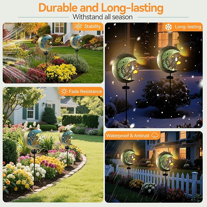 Solar Angel Moon Garden Stake Light – Outdoor Metal Yard Decoration with Crystal Pendant, Waterproof LED Light for Patio, Pathway, Lawn – Rustic Gold & Blue-VerdiqueGarden