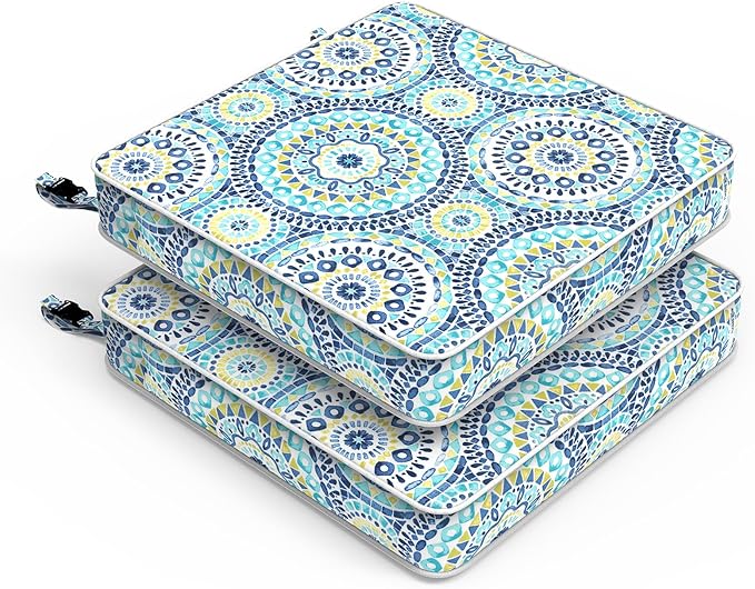 LVTXIII Patio Chair Cushions 22"x22"x3", Water-Repellent Outdoor Seat Cushions for Patio Furniture, Square Chair Pads with Ties for Home Garden Decoration, Set of 2, Delancey Lagoon-VerdiqueGarden