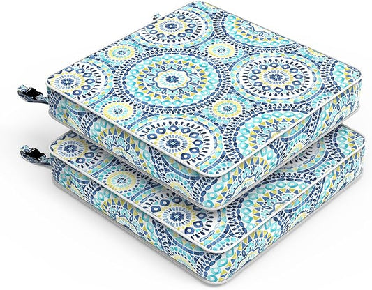 LVTXIII Patio Chair Cushions 22"x22"x3", Water-Repellent Outdoor Seat Cushions for Patio Furniture, Square Chair Pads with Ties for Home Garden Decoration, Set of 2, Delancey Lagoon-VerdiqueGarden