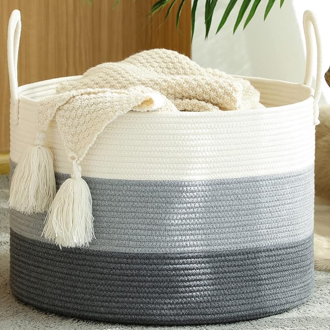 KAKAMAY Large Blanket Basket (20"x13"),Woven Baskets for storage Baby Laundry Hamper,Cotton Rope Blanket Basket for Living Room, Laundry, Nursery, Pillows, Baby Toy chest with Handles (White/Grey)-VerdiqueGarden