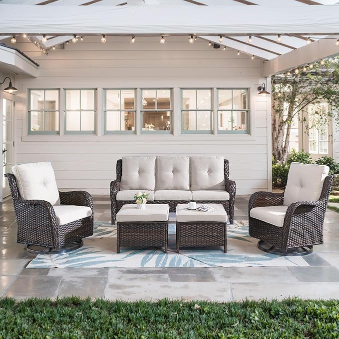 5 Piece Outdoor Patio Furniture Set - Wicker Furniture Patio Conversation Set, Outdoor Swivel Rocker Chairs with 3-Seater Sofa and 2 Ottomans for Small Space, Brown Wicker-VerdiqueGarden