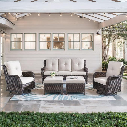 5 Piece Outdoor Patio Furniture Set - Wicker Furniture Patio Conversation Set, Outdoor Swivel Rocker Chairs with 3-Seater Sofa and 2 Ottomans for Small Space, Brown Wicker-VerdiqueGarden