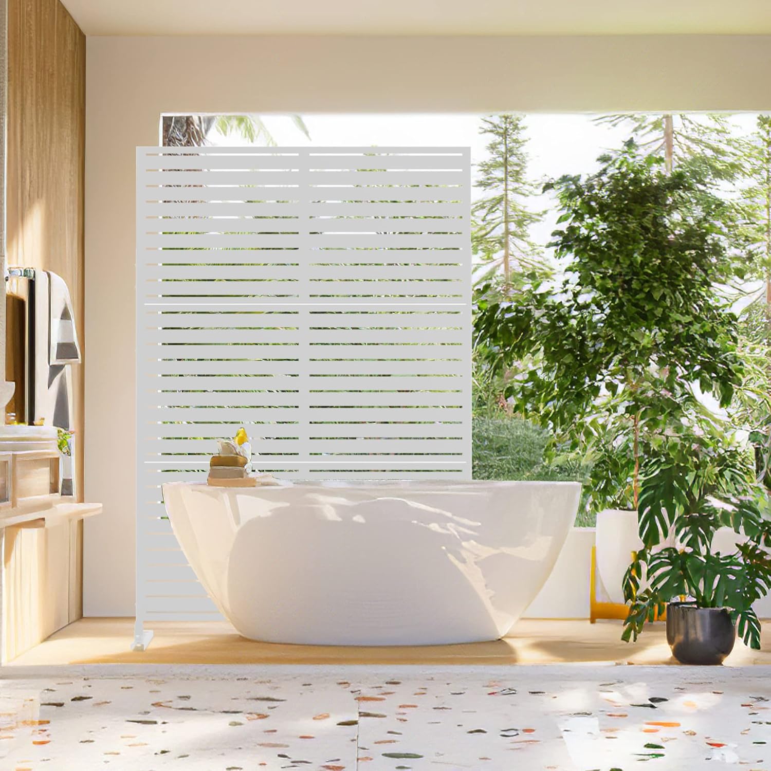 Metal Privacy Screen Outdoor 72" H×47" W,Freestanding Decorative Privacy Screen for Balcony Yard&Garden,Privacy Fence-White&Louvered-VerdiqueGarden