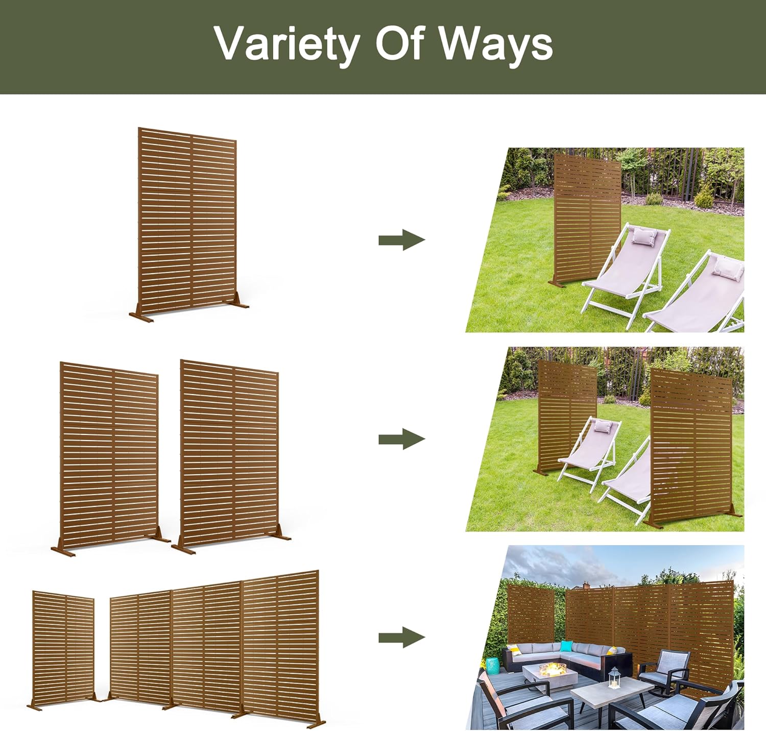 Metal Privacy Screen Outdoor 72" H×47" W, Freestanding Decorative Privacy Screen for Balcony Yard&Garden,Privacy Fence-Brown&Louvered-VerdiqueGarden