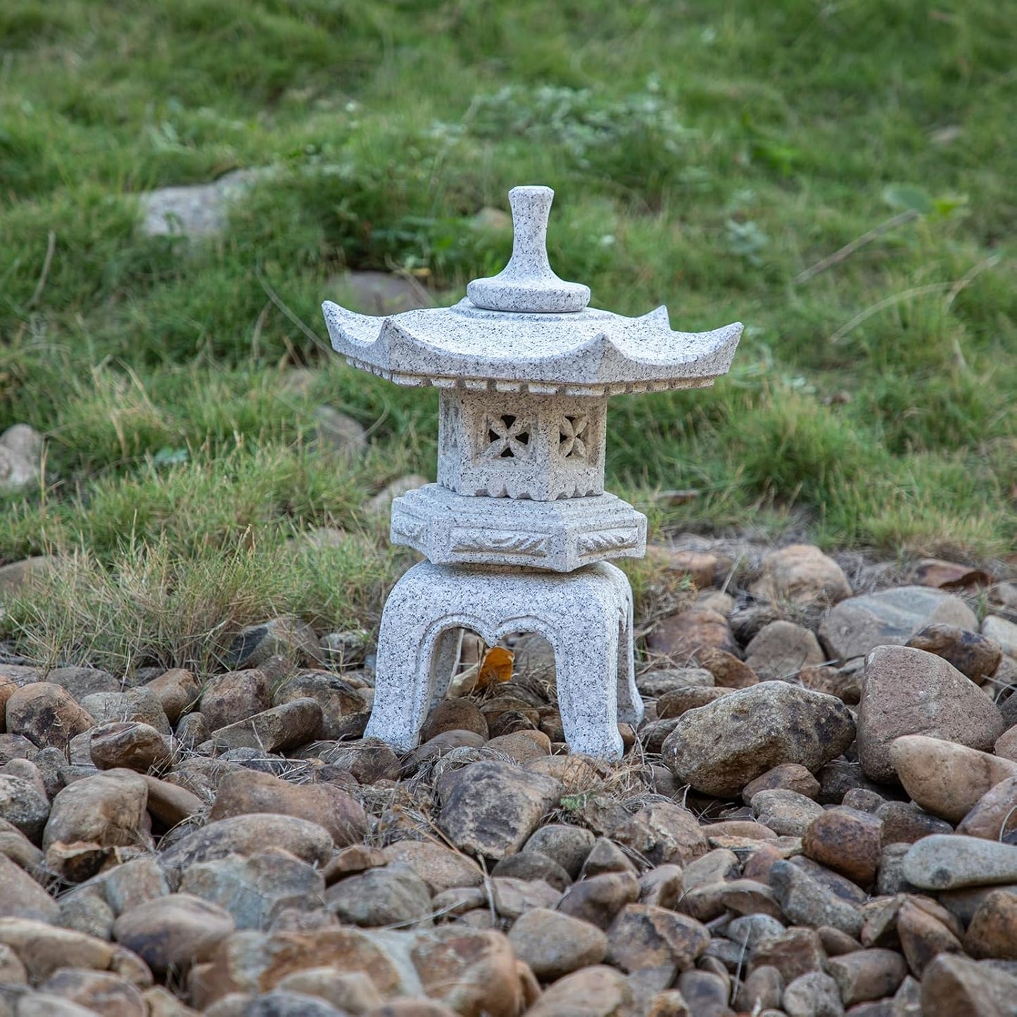 Generic Five Pieces Stone Japanese Lantern, Light Gray, Water Resistant, Granite, 16 inches H x 12.2 inches W x 12.2 inches D, Garden Decoration, Outdoor Lantern-VerdiqueGarden