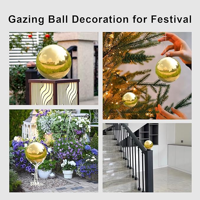 Nerien Gazing Ball, Stainless Steel Garden Mirror Globe, Polished Ornament Sphere, Hollow Floating Reflective Hemisphere, for Home Outdoor Pond Housewarming Swimming Pool Decoration, Gold, 8Pcs-VerdiqueGarden
