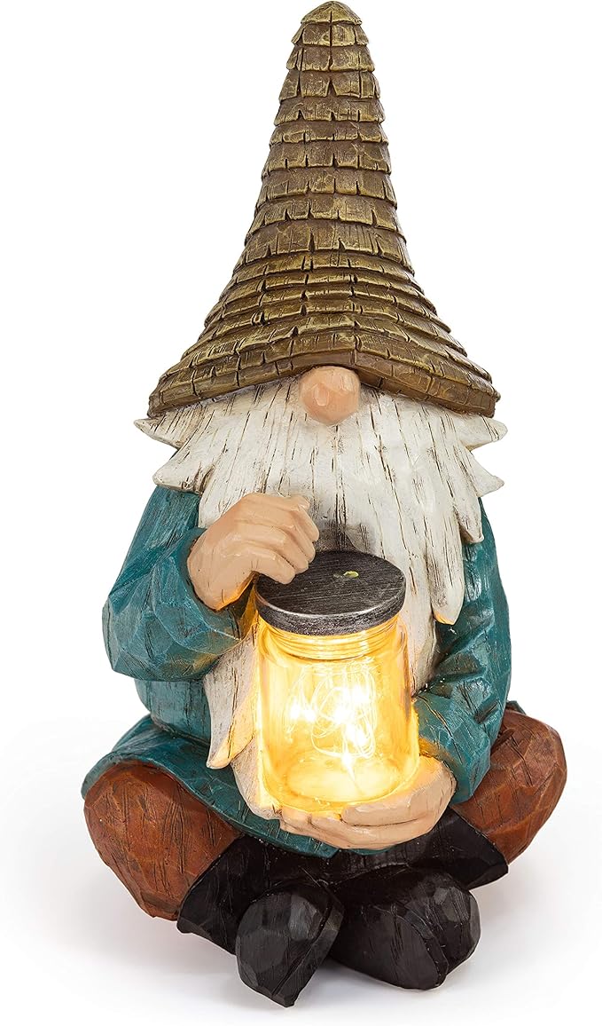 VP Home Firefly Jar Gnomes - Outdoor Garden Gnome with Solar Light - Durable Garden Decorations for Yard, Lawn, Patio - 10.5H x 7W x 5.5D - Weather-Resistant Gnome Statue-VerdiqueGarden