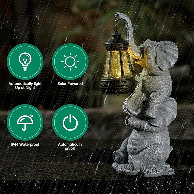Solar Elephant Garden Statue with LED Lights - Waterproof Outdoor Decor for Patio, Yard, Balcony - Unique Elephant Gifts for Women, Mom, Grandma - Birthday, Mother’s Day, Housewarming Gift-VerdiqueGarden