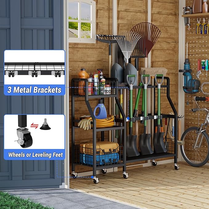 keomaisyto Garden Tool Organizer with 6 Wheels(3 lockable), Heavy Duty Yard Tool organizer with 2 Basket, Large Metal Garage Tool Organization and Storage for Garage/Shed/Yard/Broom Closet/Lawn-VerdiqueGarden