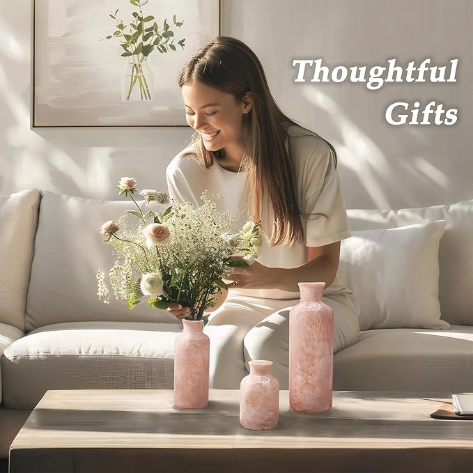 Resin 3 Piece Vase Set, Farmhouse Decor, Home Decorative Vase, Vases for Your Kitchen, Bedroom, Office, Living Room, Bathroom, & Shelf Centerpiece Table Decorations, Pink-VerdiqueGarden