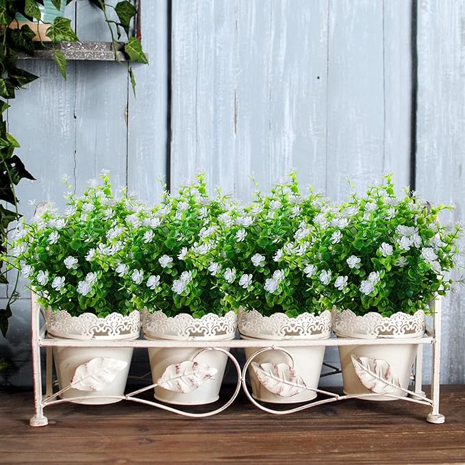 Artificial Plants Flowers Grass Shrubs 8 Pack No Fade Faux Plastic Flowers Outdoor for Vases Farmhouse Garden Porch Patio Office Indoor Wedding Decoration Greenery Fake Plants (2#White)-VerdiqueGarden