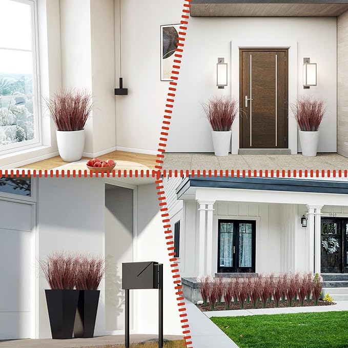 12Pcs Artificial Grass Plants, Faux Shrubs Wheat Grass, Artificial Tall Grasses Fake Plants for Outdoor Decor,Artificial Greenery Stems Weed for Room Indoor Home Decor（Red）-VerdiqueGarden