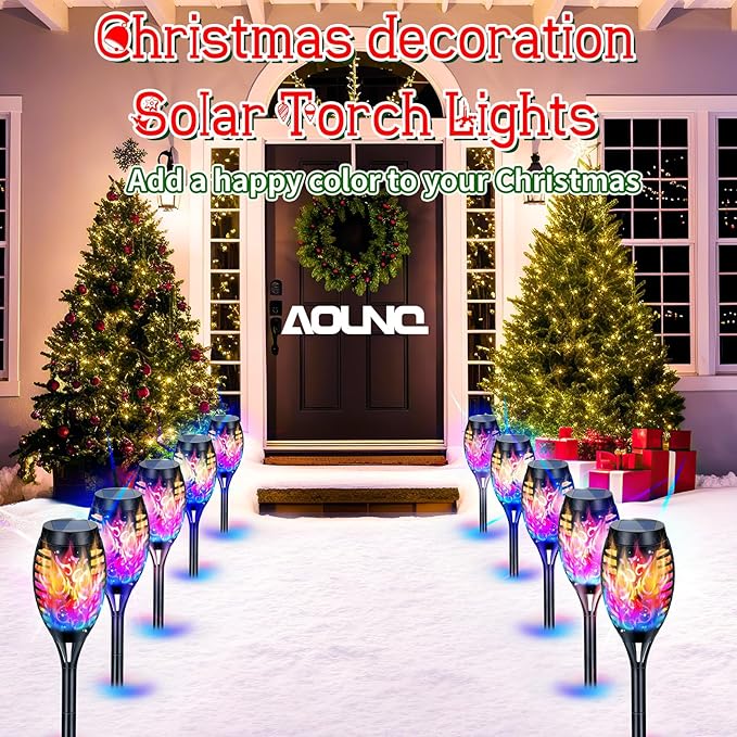 12 Pack Solar Torch Lights Outdoor Waterproof - Multicolor Flickering Flame, Outdoor Solar Garden Lights for Yard, Tiki Torches for Outside Patio Pathway Decorations-VerdiqueGarden