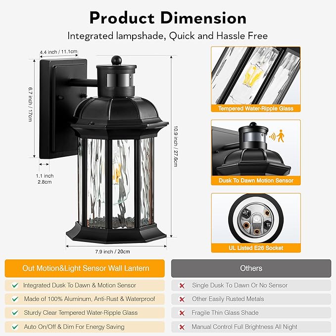 VIANIS Dusk to Dawn Motion Sensor Outdoor Porch Lights, Modern Black Exterior Porch Light Fixtures Wall Mount, Anti-Rust Aluminum Waterproof Wall Lantern With Tempered Ripple Glass For Garage Entryway-VerdiqueGarden