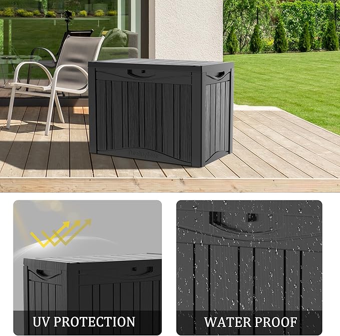 50 Gallon Lockable Resin Deck Box, Waterproof & UV-Resistant Outdoor Storage Box for Outdoor Cushion Storage, Garden Tools & Pool Accessories Storage, Black-VerdiqueGarden