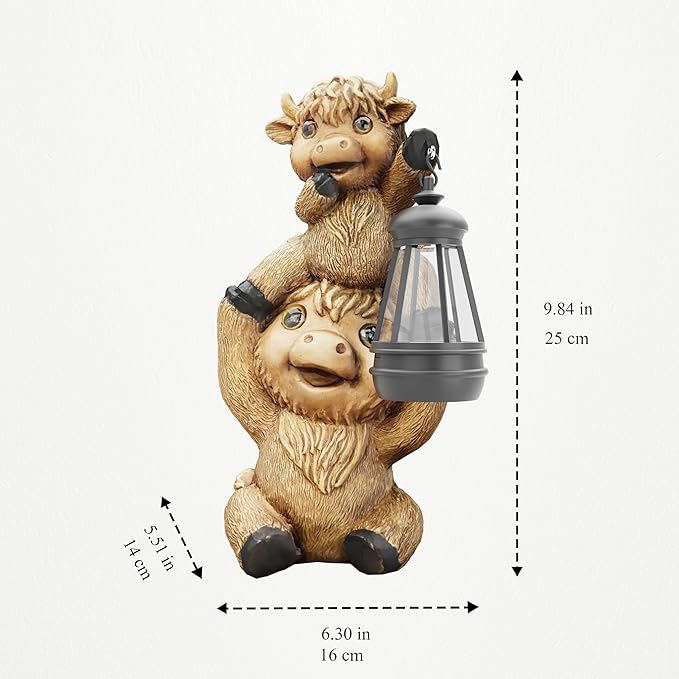 Highland Cow Statues with Solar Lights, Highland Cow Resin Figurine Lights, Highland Cow Ornaments for Patio, Balcony, Indoor Decoration and as Gifts-VerdiqueGarden