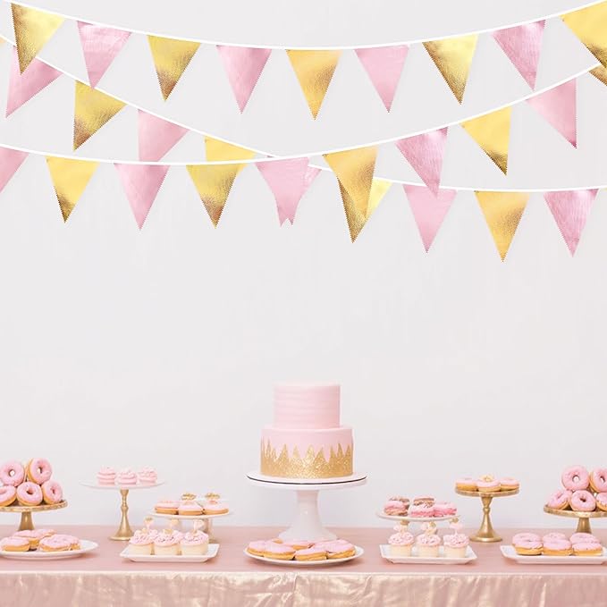 Pink Gold Party Decoration Metallic Fabric Light Pink Gold Triangle Pennant Banner Flag Bunting Garland for Women Girl Birthday Retirement Graduations Bridal Shower Wedding Baby Shower Party Supplies-VerdiqueGarden