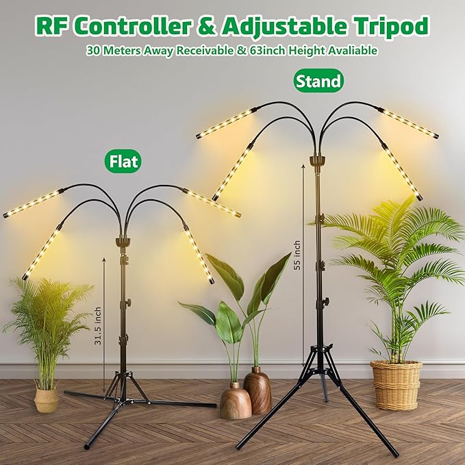 LED Grow Lights for Indoor Plants Full Spectrum with 15-63 inches Adjustable Tripod Stand, Red Blue White Floor Grow Lamp with 4/8/12H Timer with Remote Control-VerdiqueGarden
