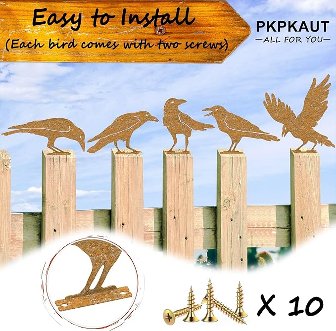 5Pcs Rusty Birds Metal Art Crow for Fence Decorations Outdoor, Metal Birds Craft Statue Ornaments Fence Topper Decor, Metal Bird Silhouette with Rusty Yard Art-VerdiqueGarden